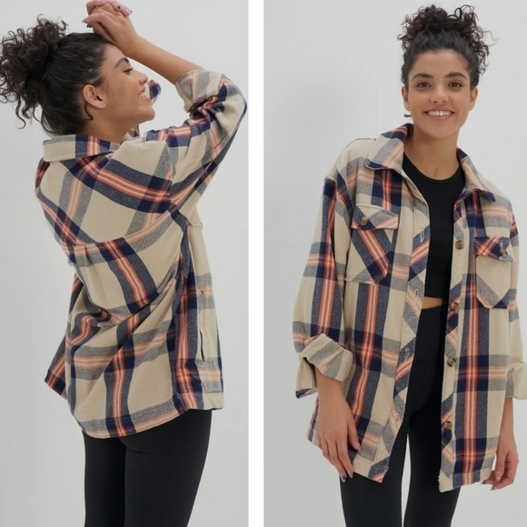 AERIE OFFLINE Flannel Button Down Jacket Shacket In Soft Oat Navy Orange Size XS - Picture 14 of 16